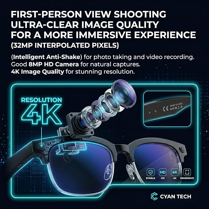 AI Smart Glasses with Camera, 1080P HD POV First-Person View Video Recording and Translator, AI Object Recognition, Bluetooth Audio, 290mAh Battery, Photochromic Lenses for Sports, Travel, Work
