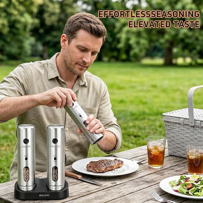 Electric Salt and Pepper Grinder Set with Rechargeable Base Upgraded Stainless Steel Automatic Salt and Pepper Shakers,Upgraded 2-Speed Setting,External 6 Adjustable Coarseness with LED Light