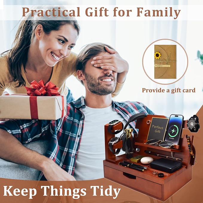 Nightstand Organizer for Men with Large Drawer, Wood Phone Docking Station for Phone, Apple Watch, Wallet & Keys, Ideal Birthday Gift for Father Husband, Bedside Desk Organizer (Walnut)