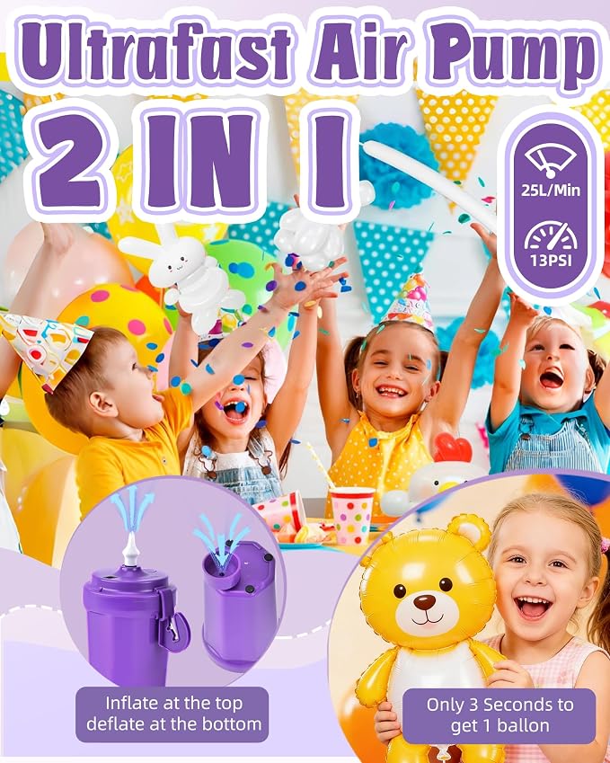 Portable Balloon Pump Electric, Rechargeable Cordless Balloon Pump Inflator for All Balloons, Latex 260q Foil Mylar Balloon Inflation, Quick-Fill Inflator& Deflator for Inflatables,Purple