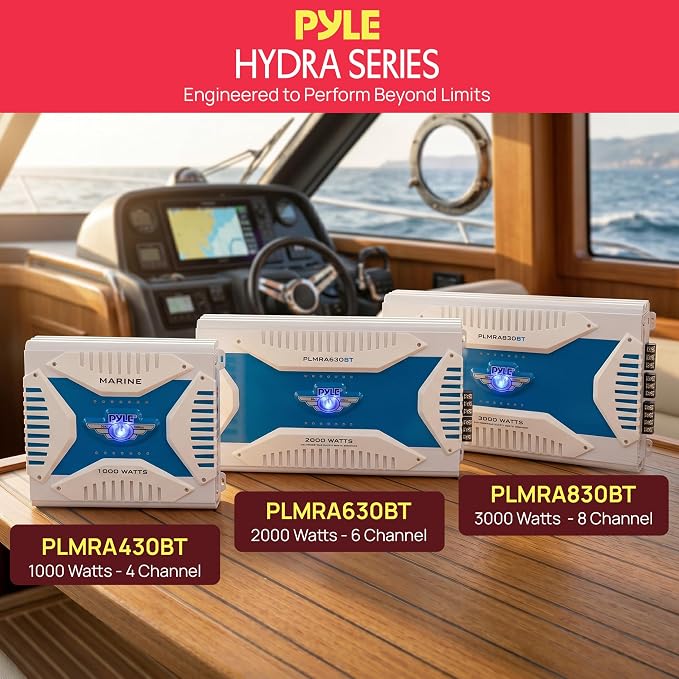 Pyle Hydra Marine Amplifier - Upgraded Elite Series 3000 Watt 8 Channel Bridgeable Amp Tri-Mode Configurable, Waterproof, MOSFET Power Supply, GAIN Level Controls and RCA Stereo Input - PLMRA830BT
