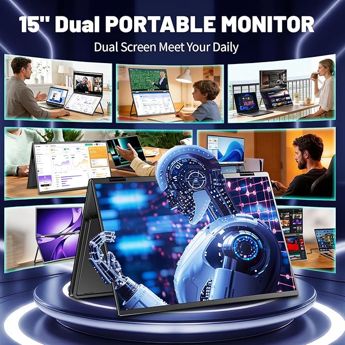 Portable Monitor Dual 15.6 Inch 1080P Dual Stacked Foldable Screen Monitor, USB-C HDMI Travel Monitor for Laptop Mac Windows, Screen Extender with Kickstand, VESA Mountable