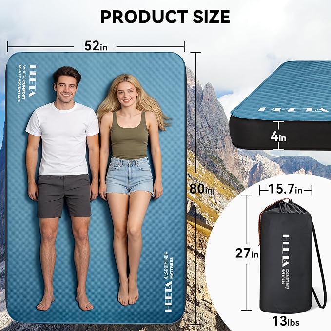 HEETA Self Inflating Sleeping Pad with Electric Pump, 4" Ultra Thick Memory Foam Camping Mattress, 9.5 R-Value Insulated Sleeping Mat, Easy to Inflate & Deflate for Camping Car Travel Tent Cot Bed