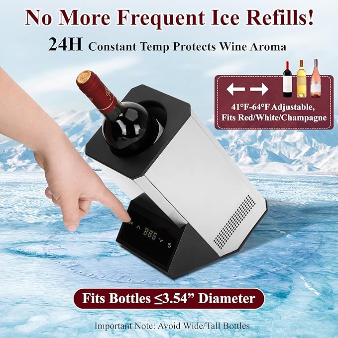 Electric Wine Chiller Single Bottle - 24H Iceless Portable Stainless Steel Wine Chiller Cooler for 750ml Wine/Champagne, Multi-Scene Vino Accessory for Kitchen/Bar/RV for Wine Lovers