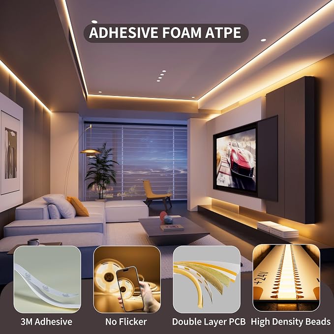 PAUTIX COB LED Strip Light 3780LEDs,Super Bright 8000 Lumen 3000K Warm White 24ft/7.5m,Dimmable 24V LED Tape Light with 3M Tape,RF Remote with Timer Function,48W Adapter,for Bedroom,Home,Kitchen DIY