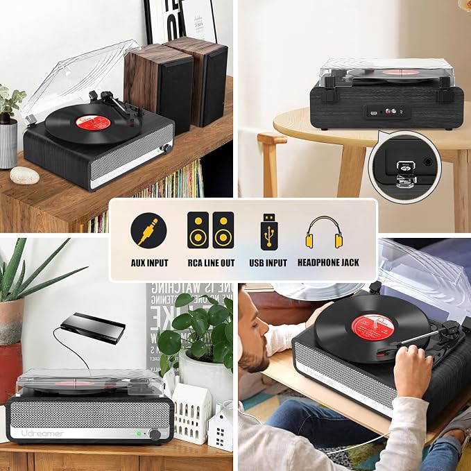 Vinyl Record Player with Built-in Speakers,3 Speed Turntable with Latest Bluetooth 5.3, AUX Input, Headphone Jack, RCA Output and Auto Stop, Mirror Vintage Wooden Black