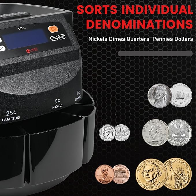 L LIKED Coin Counter and Sorter Machine Accurate sort for Nickels, Dimes, Quarters, Pennies, Dollars, Comes with 50 Performed Wrappers, 270 Coins/min, LCD Display