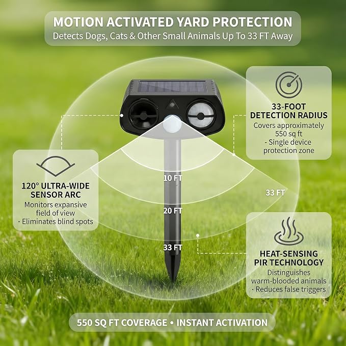 Solar Ultrasonic Animal Repeller Outdoor, Motion Sensor Waterproof Pest Deterrent, Raccoon Skunk Squirrel Rabbit Stray Dog Cat Repellent for Yard Garden Farm, 33ft 120° Coverage, 2 Pack Black