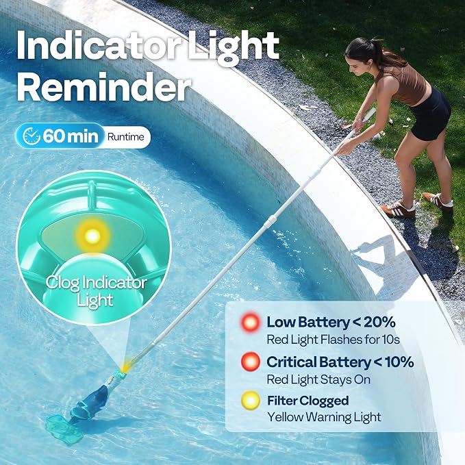 VIVOHOME Handheld Pool Vacuum 1110 GPH Suction Cordless Pool Cleaner 40W Powerful Motor Long-Run 60min Battery, Adjustable 9.12FT Pole for Above Ground & In-Ground Pools, Spas - Green