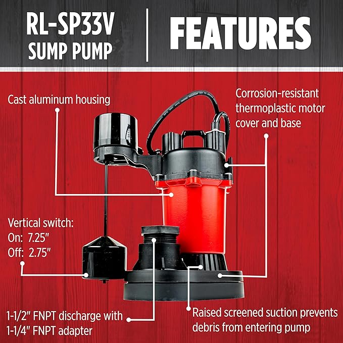Red Lion RL-SP33V 115-Volt, 1/3 HP, 3200 GPH Aluminum and Thermoplastic Sump Pump with Vertical Switch and 8-Ft. Cord, Red, 14942741