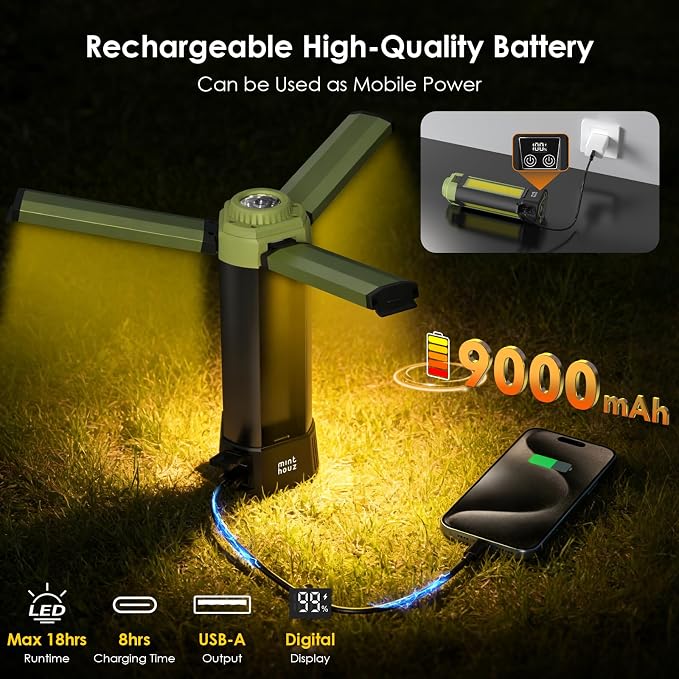 Telescopic Camping Light, 9000mAh Rechargeable Lantern, Portable Camping Light, Camping Essentials Gear Emergency Flashlight for Outdoor, IPX4 Water Resistant