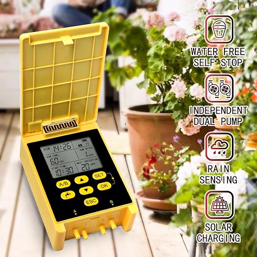 Solar Powered Dual Pump Drip Irrigation Kit,Child Lock 2 Group Automatic Watering System with Rain Sensing Digital Display Screen for Garden Patio Balcony Vacation (for 30 Pot Plants)