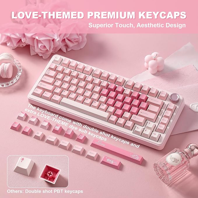 YUNZII B75 PRO Wireless Mechanical Keyboard,75% Layout with Knob,Hot Swap Gasket Custom Structure,Creamy Pre-lubed Switches,RGB Backlit,Bluetooth/Type-C/2.4G for Win/Mac(Cocoa Cream V2 Switch,Pink)