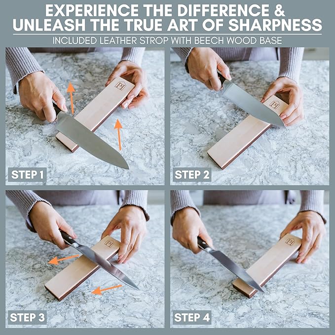 PATENTED ORIGINAL ADJUSTABLE ROLLING KNIFE SHARPENER KIT: Adjustable Height, 30 Angle Options, 5 Removeable Whetstone Plates, Leather Strop with Travel Case - Kitchen Knife Sharpener