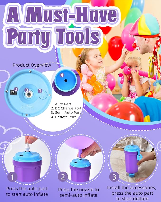 Portable Balloon Pump Electric, Rechargeable Cordless Balloon Pump Inflator for All Balloons, Latex 260q Foil Mylar Balloon Inflation, Quick-Fill Inflator& Deflator for Inflatables,Purple & Blue