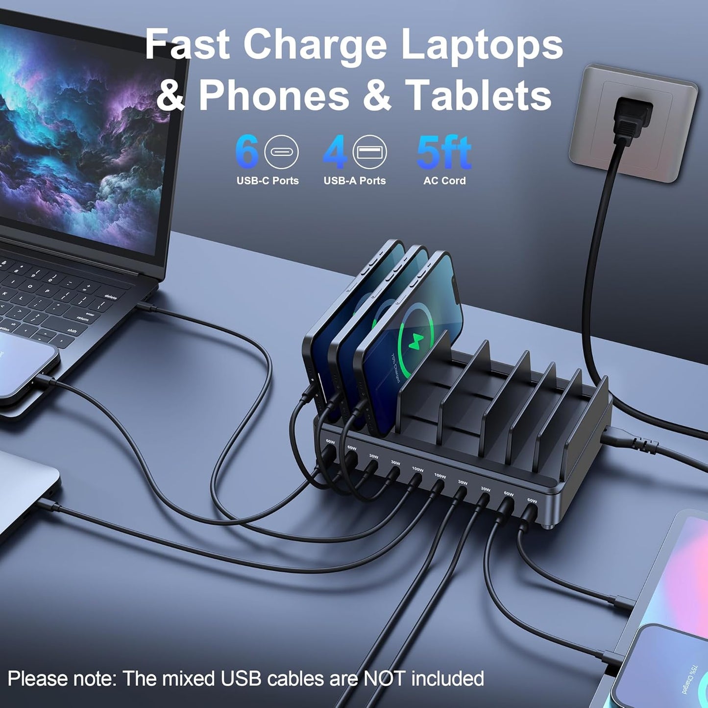 chipofy 500W Charging Station for Multiple Devices, 10-Port Multi USB C Fast Charger Station with Organizer Stand for MacBook Laptop, iPad, iPhone 16 15 Pro Max, Galaxy S25/S24 and More