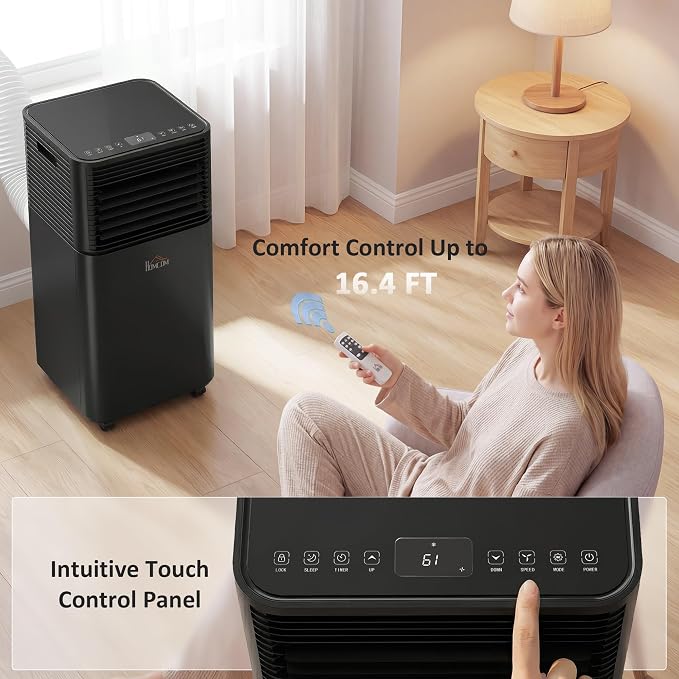 HOMCOM 8000 BTU Portable Air Conditioner for Rooms up to 344 Sq.Ft., 4-in-1 Mobile AC Unit with Dehumidifier, Cooling Fan, Sleep, Remote, 24H Timer, Auto Off, Window Installation Kit, Black