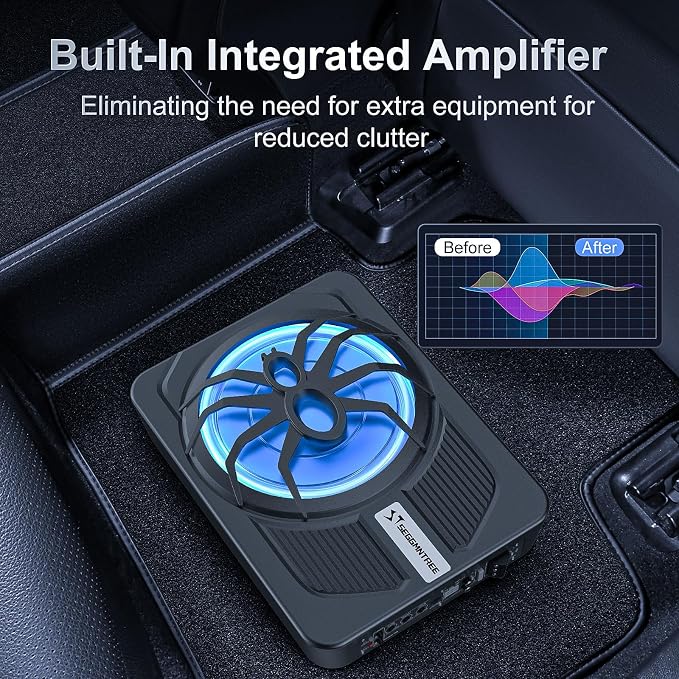 1000w Slim Under Seat Subwoofers with Amp,Car Subwoofer amp with Ambient Light,3.2" Height Amplified Subs High/Low Level Input for Car/Truck Audio,Powered Subwoofer and Amp Package Wire Kit Deep Bass