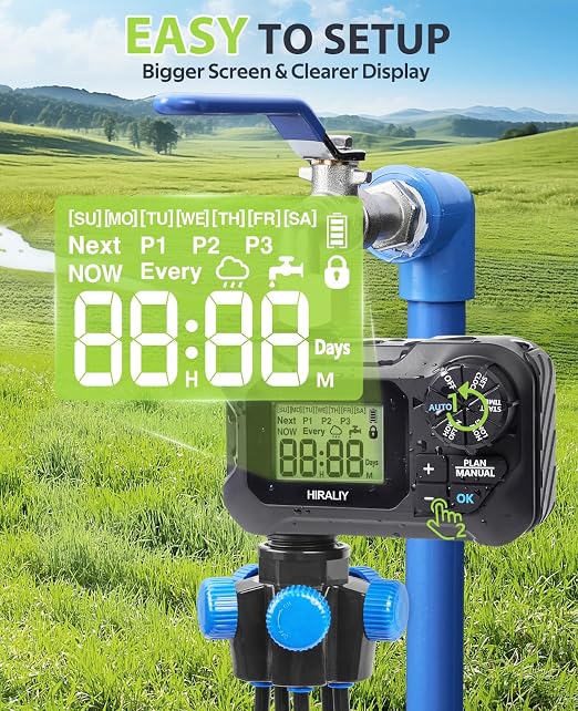 HIRALIY 100FT Pressure Compensating Irrigation System with Garden Timer, New Quick Connector Garden Watering System, Irrigation Kit for Plants, Watering Regularly by Timer