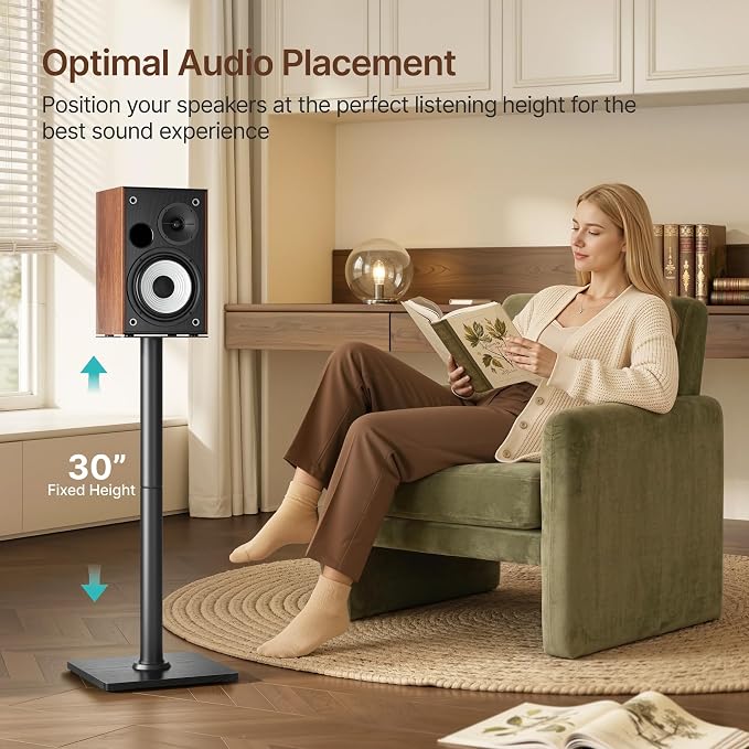 Speaker Stands Pair, 30" Fixed Height, 55lbs Weight Capacity, 11.8" Base, Cable Management, Freestanding Speaker Floor Stand for Surround Sound,Wooden Base