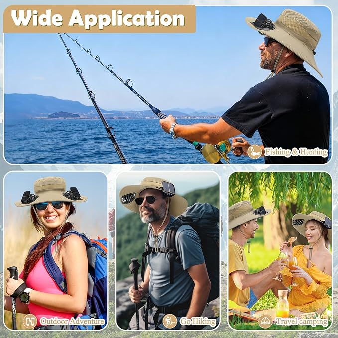 Berlune Sun Hat with 2 Solar Fan Wide Brim Fishing Bucket Hat USB & Solar for Men Women UPF 50+ Cooling for Fishing Beach