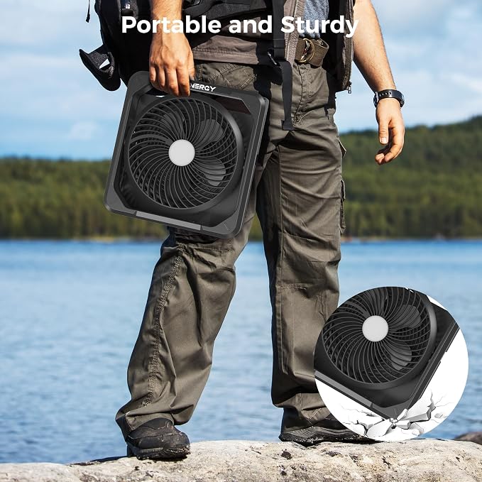 PANERGY Solar Powered Fan, Rechargeable Battery Fan with Detachable Solar Panel, 3 Speeds Portable Camping Fan with Light & Timer, 90°Tilt Desk Fan Strong Airflow for Garage RV Travel Hurricane Outage