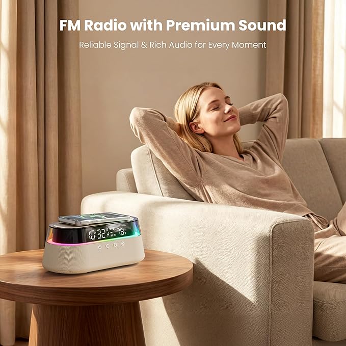 6-in-1 Bluetooth Speaker Alarm Clock with Remote, 15W Fast Wireless Charger, FM Radio & Dimmable LED Night Light, Dual Digital Clock for Bedroom Home Office, Ideal Gifts for Him, Men Women