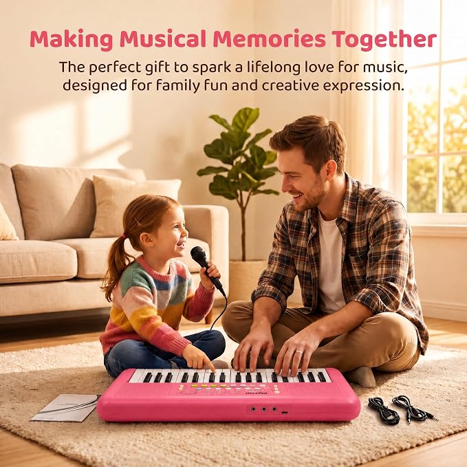 LeeQee 32 Keys Kids Keyboard Piano with Microphone, Double Speakers Toddler Piano Toy for Boys Girls Age 3-6, Portable Educational Musical Instrument, Birthday Gifts (Strawberry Red)