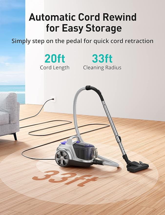 Aspiron Canister Vacuum Cleaner, 40Kpa Bagless Vacuum Cleaners, 4QT Large Dust Cup, Double HEPA Filter, Retractable Cord, 1600W Lightweight Vacuum Cleaner with 5 Tools for Hard Floors, Silver