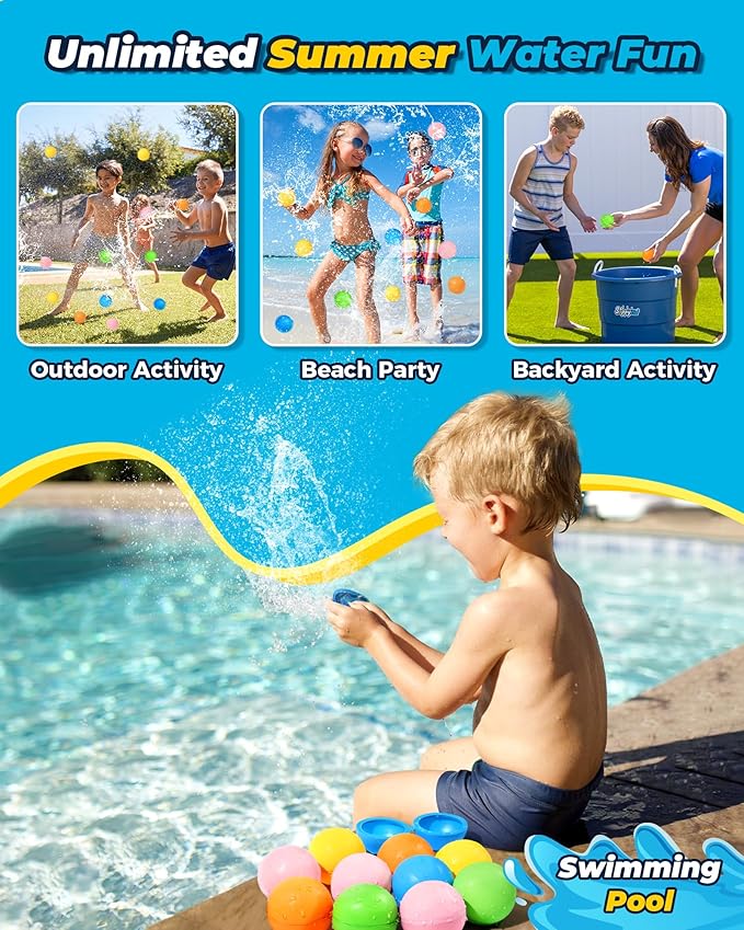 SOPPYCID 15PCS Reusable Water Balloons Quick Fill for Kids, Refillable Magnetic Water Balloons for Pool & Beach, Water Ball Toys for Summer Outdoor Games Outside Activities