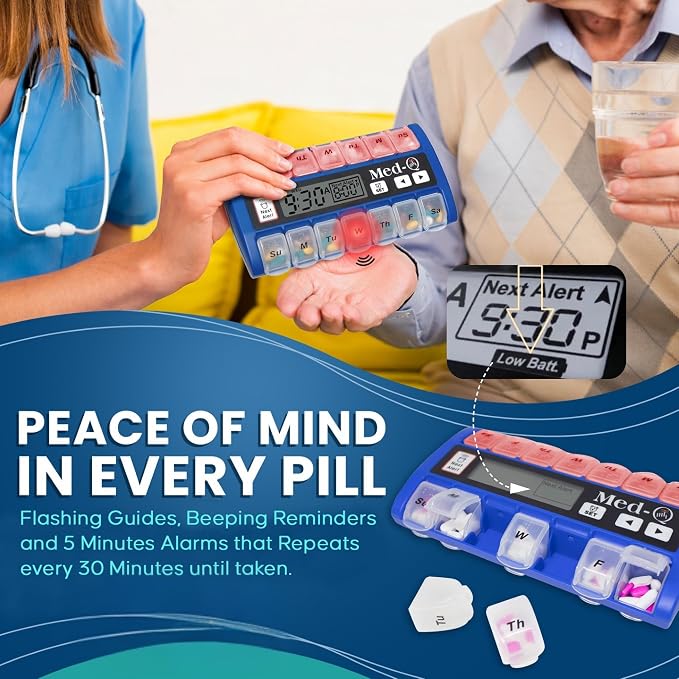 Med-Q Weekly Pill Organizer with Alarms | Automatic Electronic Pill Box with AM/PM Compartments, Flashing Light, Sound Alerts | Dual Color Combo 2 User | Medication Reminder for Seniors - Blue/White