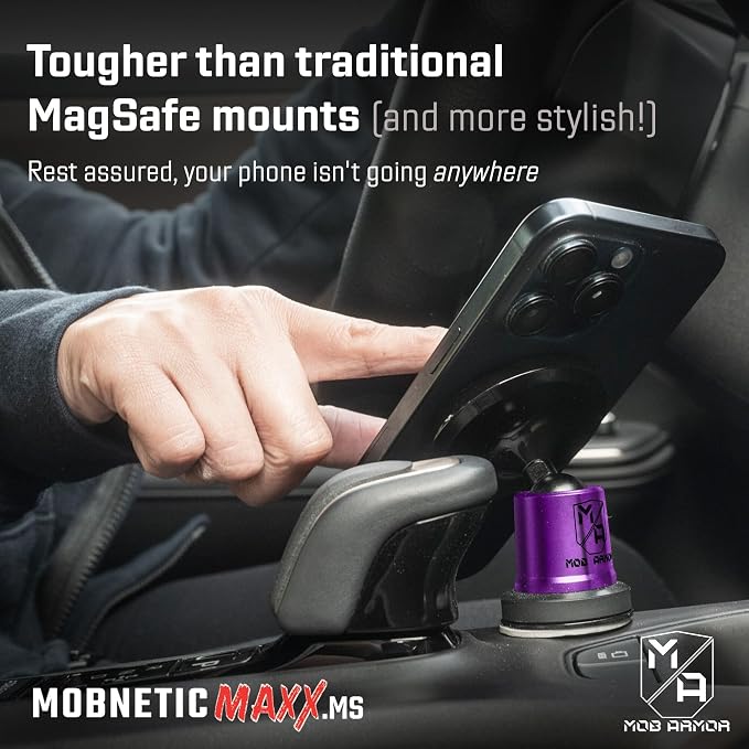 Mob Armor MobNetic Maxx MS - MagSafe Compatible Car Phone Mount w/ 90º Tilt, 360º Rotation & Durable Aluminum Build, Magnetic Holder for iPhone & Android Devices, USA Assembled - Purple Chrome