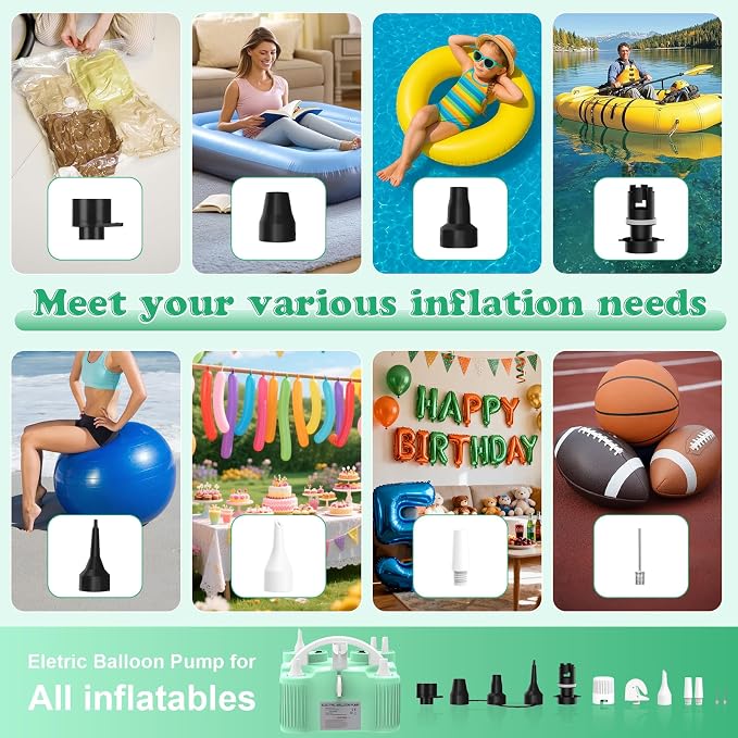 Electric Balloon Pump 4-in-1 Air Pump Portable Electric Balloon Blower Machine Dual Nozzle Quick-Fill 110V AC Inflator Deflator for Balloons Pool Floats Air Mattress Inflatables