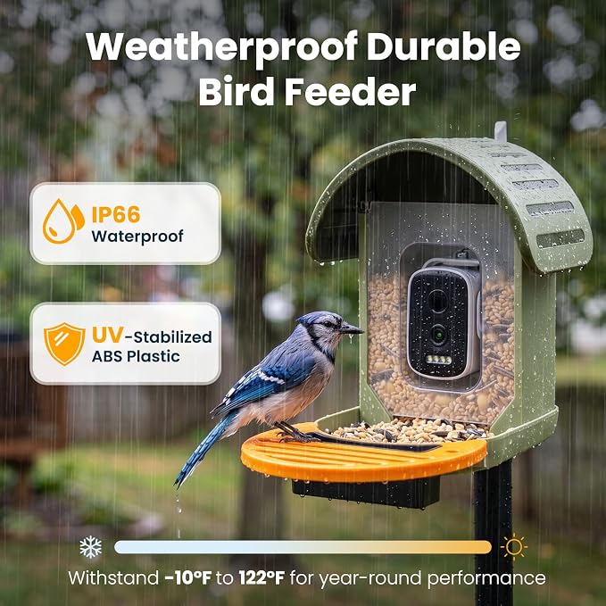 Smart Bird Feeder with Camera, 2.5K UHD Bird Feeder Camera Solar Powered, Sensitive AI Identification, Instant Alerts Capture Video, IP66 Waterproof Bird-Watching Feeder, Ideal Gift for Dad, Green