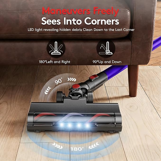 RoneAir Cordless Vacuum Cleaner,40Kpa 45Min Vacuum Cleaners for Home,Self-Standing,Stick Vacuum with Wall Mount Storage,Anti-Tangle &,6 in 1 Lightweight Vacuum for Hard Floors Carpet Pet Hair - Purple