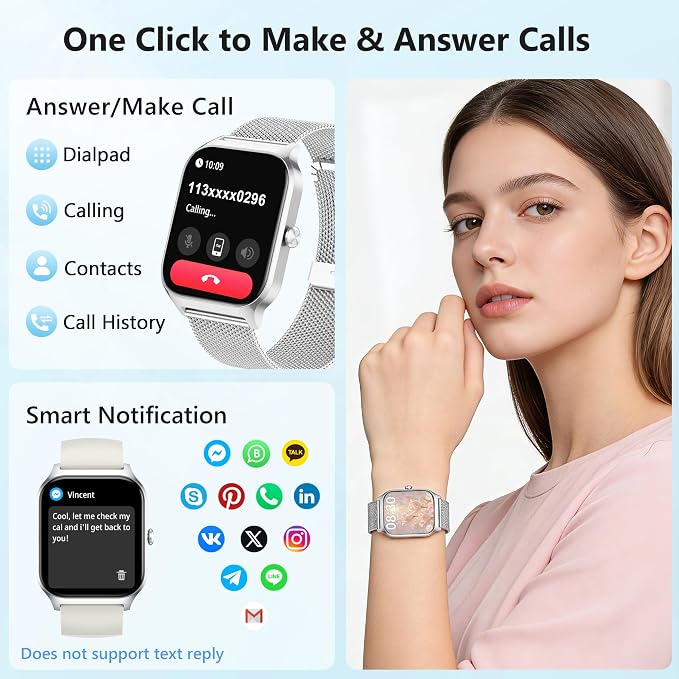 Smart Watch Women Men, 1.85’’ Lightweight Fitness Tracker Make/Answer Call, HR/Blood Pressure/Sleep Monitor, 110+Sport Modes, Waterproof Reloj inteligente Compatible for Android & Samsung & iPhone