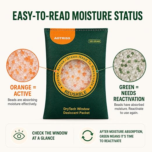 5 Packs 100g Silica Gel Packets, Reusable Desiccant Pack with Color Indicator, Moisture Absorber for Safe, Car, Closet & Storage, Color-Changing Silica Gel with Microwave Reactivation
