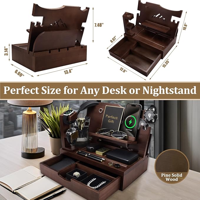 Nightstand Organizer for Men with Large Drawer, Wood Phone Docking Station for Phone, Apple Watch, Wallet & Keys, Ideal Birthday Gift for Father Husband, Bedside Desk Organizer (Espresso)