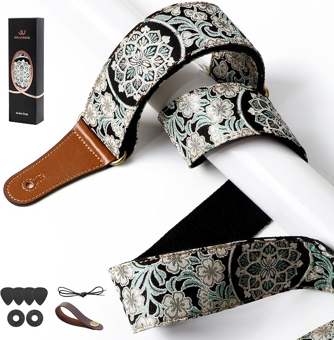 Guitar Strap, Electric& Acoustic bass Guitar Straps,Embroidered Filament with Head Cowhide Leather Strap, with Free Strap Button,2 Guitar Strap Locks，4Guitar Pick (Green Floral Print)