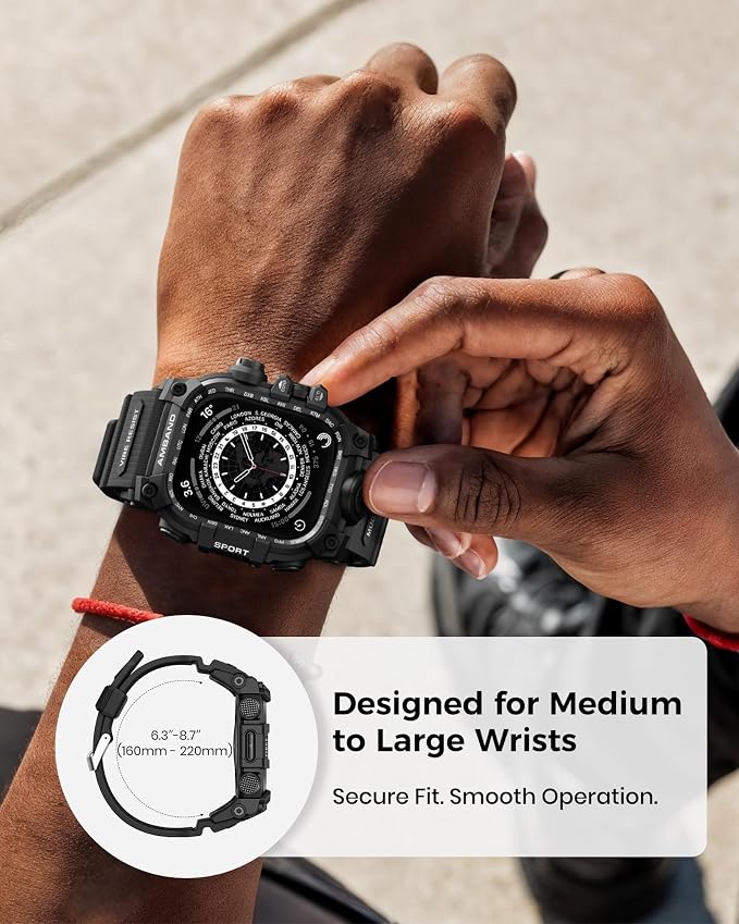 amBand Rugged Case with Band for Apple Watch 45mm, Compatible with Apple Watch (iWatch) Series 9/8/7, Military Grade Shockproof Bumper Cover, Tactical Band for Men, Matte Black
