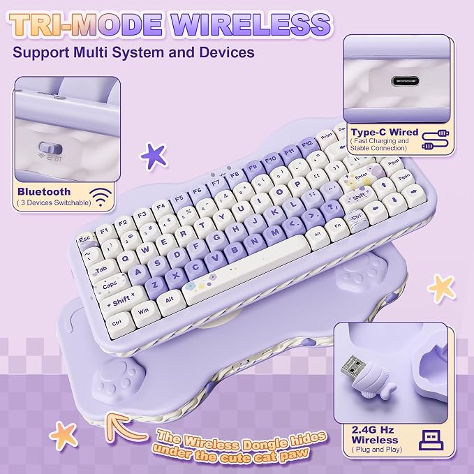 YUNZII C75 Wireless Mechanical Keyboard,75% Layout, Hot-Swappable NKRO,BT5.0/2.4G/USB-C Mode,Dye-Sub PBT MOA Keycaps,RGB Gasket Mount,Cute Cake Design for Mac/Win/Gaming (Purple, Milk V2 Switch)