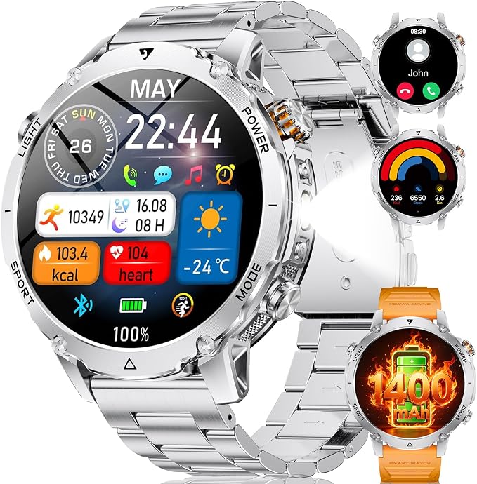 SUNKTA Military Smart Watches for Men,1400mAh Battery Smart Watch with Flashlight,1.7" HD Screen 5ATM Waterproof Fitness Tracker Smartwatch with 110+ Sport Modes,for iOS Android(2 Bands/Silver)