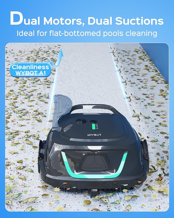 WYBOT A1 Robotic Pool Cleaner – Dual Layer Filtration, Strong Suction, 130 Mins Runtime, Robot Pool Vacuum for Above Ground & Flat Pools up to 1100 Sq. Ft., 4 Cleaning Modes (Jet Black Matte)