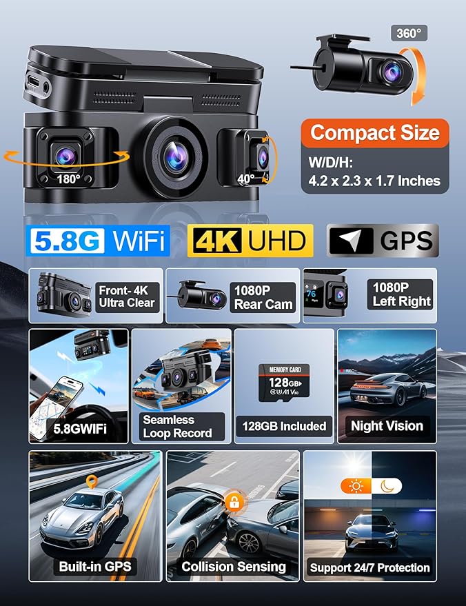 360° View 4K 4 Channel Dash Cam Front and Rear Inside Left Right, Built-in GPS, 5.8GHz WiFi, Car Dash Camera for Cars with App Connect, Support Parking Mode, G-Sensor, Free 128GB Card