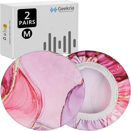 Geekria NOVA 2 Pairs Flex Fabric Headphones Ear Covers - Product Safety Certified - Washable & Stretchable Earcup Protectors for Over-Ear Headsets, Sweat Pads for Gym (Size M/Pink Marble)