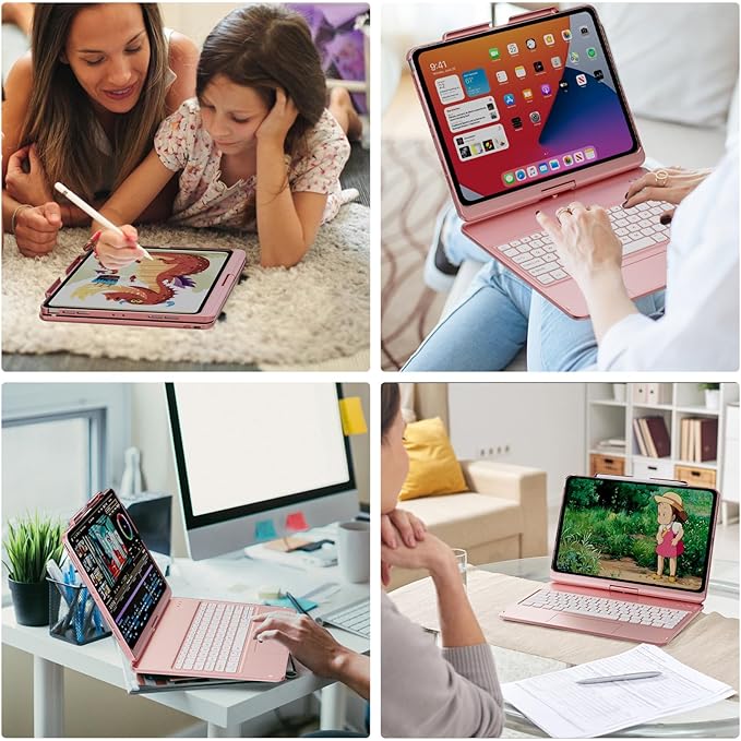 GGH Touch for iPad Keyboard Case Air 13 (M3 2025 / M2 2024) &12.9 iPad Pro (6th,5th,4th,3rd Gen),360° Rotatable Protective Cover Multi-Touch Trackpad Keyboard Case with Pencil Holder - Rose Gold
