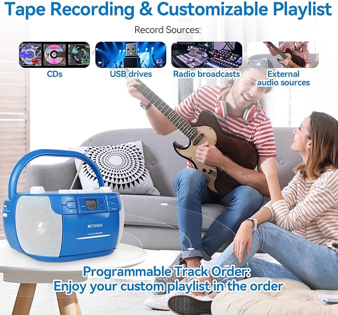Retekess TR621P CD Player Boombox,Cassette Tape Player,Wireless,AM/FM Radio,Remote Control,Stereo Sound,Tape Recording, USB/TF,AC/D Battery Powered for Home
