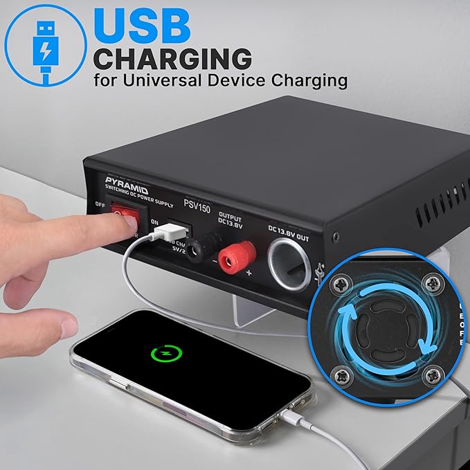 Pyramid Universal Compact Bench Power Supply- 12Amp Variable Linear Regulated Home Lab Benchtop AC-DC Power Converter - USB Port,Cigarette Lighter,115/230V AC,Screw Terminal,Cooling Fan - PSV150,Black