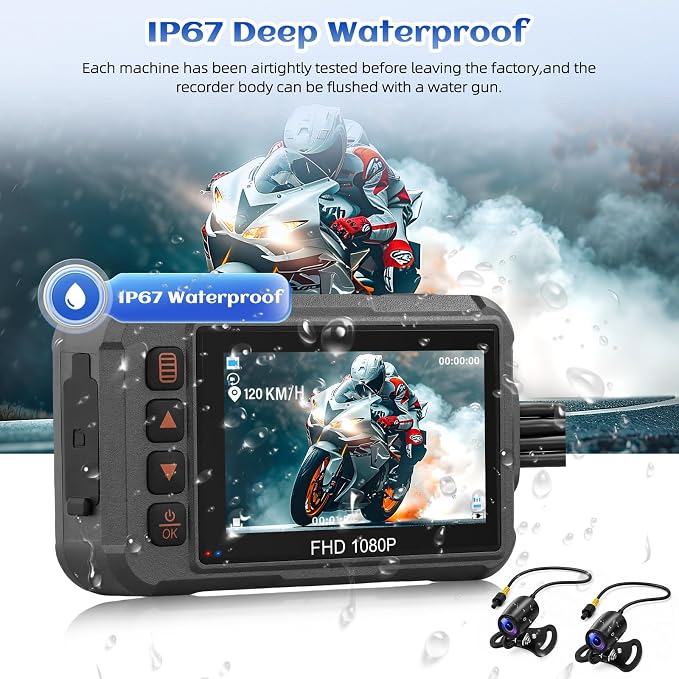 Motorcycle Dash Cam Dual HD Camera Front and Rear View,3" IPS Screen 1080P IP65 Waterproof 150° Wide Angle Sportbike Recording DVR with G-Sensor,Loop Recording,Night Vision,Parking Monitor