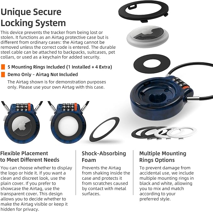 Metal AirTag Holder with Combination Lock & Steel Cable, Finder Lock Case Compatible with Apple AirTag, Anti Theft for Luggage Backpack Stroller Suitcase Car Tracking, Weather Resistant
